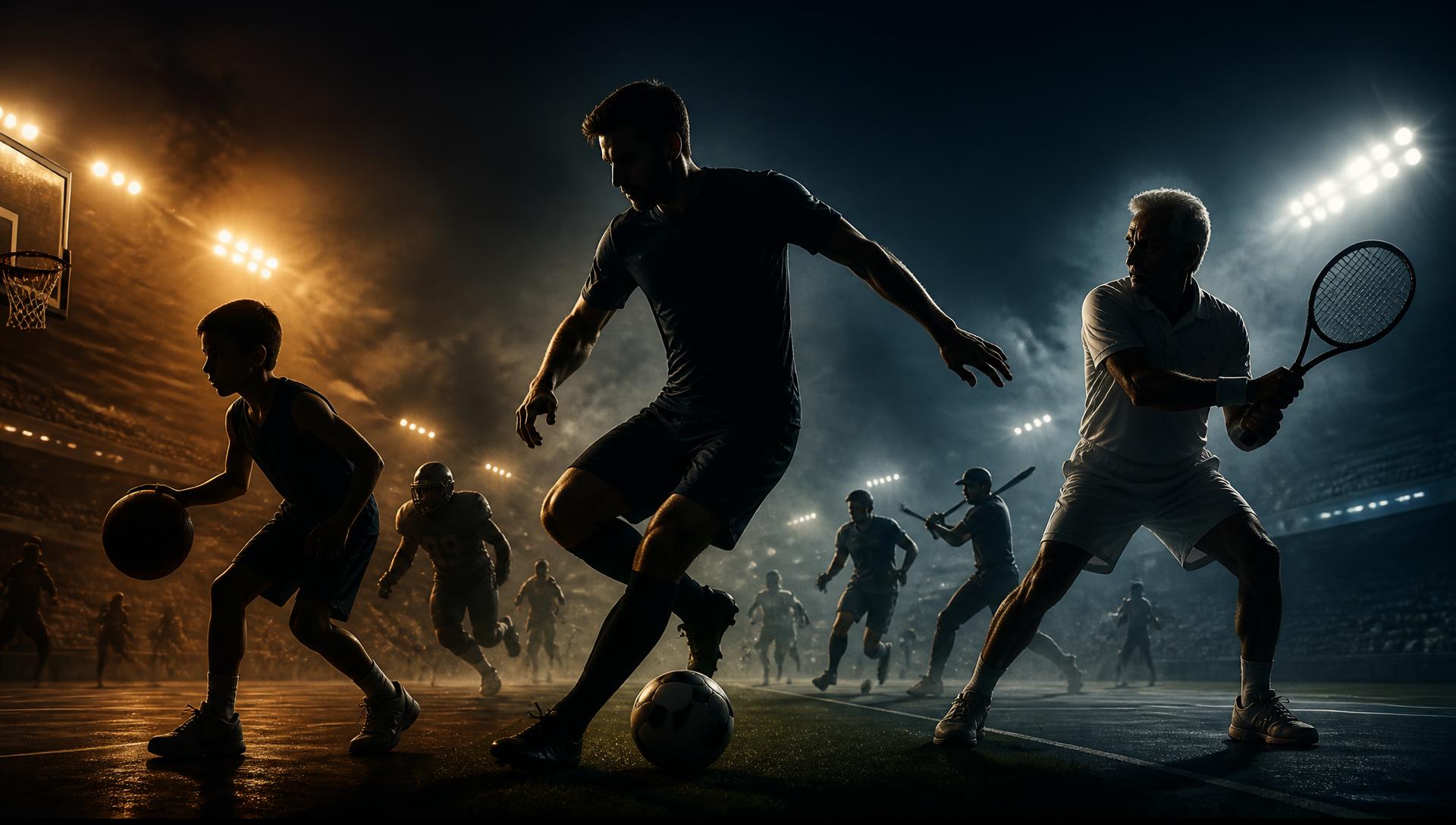 Athletes of all ages competing under stadium floodlights